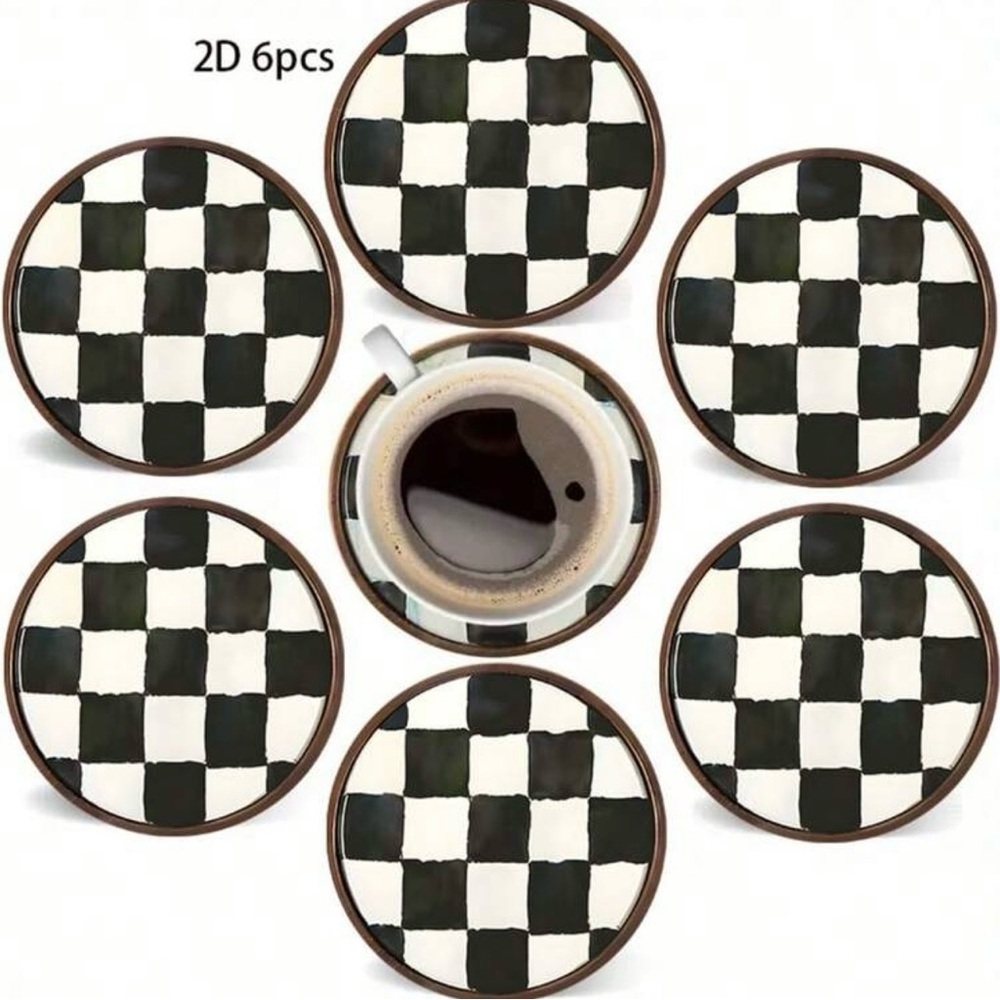 Set of 6 Checkered Ceramic Coaster Set - Black and White, Contemporary, Wood - Picture 2 of 7